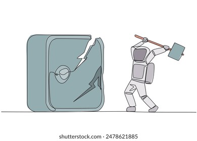 Single one line drawing young astronaut preparing to hit the big safe deposit box. Boss is furious want to destroy with hammer. Angry cosmonaut. Lost. Continuous line design graphic illustration