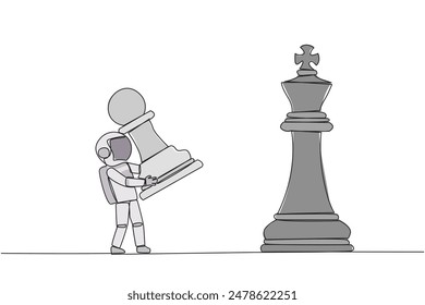Single one line drawing young astronaut holds pawn chess to beat king chess. Strategic planning, business development strategy, tactics in entrepreneurship. Continuous line design graphic illustration