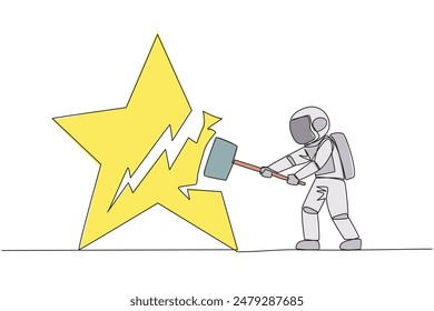 Single one line drawing young astronaut preparing to hit the big star. The destroyer of dream. Failed to get the best career position. Anger overflowed. Continuous line design graphic illustration