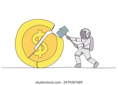 Single one line drawing young astronaut preparing to hit big coin with dollar symbol. Failed to get new investor. Failed to get income. Expressing anger. Continuous line design graphic illustration