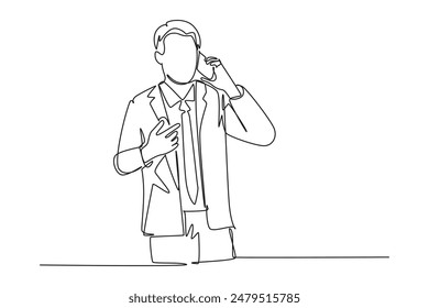 Single one line drawing of young startup CEO standing and holding a smartphone to call colleague asking for business agreement. Business chat. Continuous line draw design graphic vector illustration