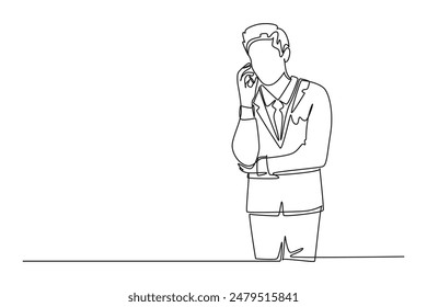 Single one line drawing young manager calling his staff using smartphone to ask finalizing company annual report. Business call concept. Modern continuous line draw design graphic vector illustration