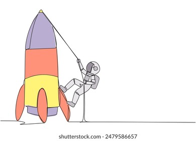 Single one line drawing young astronaut climbs rocket with rope. Set the intention to open a new branch. Work hard to expand the business. Smart hard work. Continuous line design graphic illustration