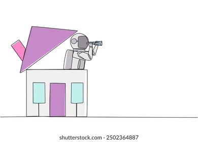 Single one line drawing young astronaut emerges from the miniature house looking for something through binoculars. Feeling homesick. Too long in space. Continuous line design graphic illustration