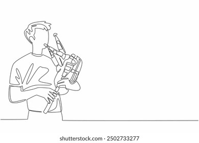 Single one line drawing a young energetic man blowing a bagpipe. Playing his musical instrument skillfully. Music traditional. International Bagpipe Day. Continuous line design graphic illustration