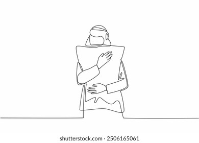 Single one line drawing a young beautiful woman hugging a large pillow. Hugging pillow with closed eyes. Feeling tired and sleepy. Sleep. World Sleep Day. Continuous line design graphic illustration