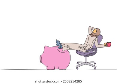 Single one line drawing young Arabian businesswoman sitting relaxed in work chair holding mug. Foot resting on piggy bank. Just got a profitable investment. Continuous line design graphic illustration
