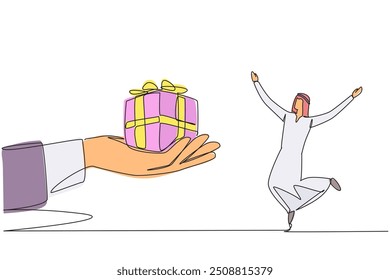 Single one line drawing young Arabian businessman excited to get the gift box from the giant hand. Surprise gift. Outstanding performance achievements. Continuous line design graphic illustration