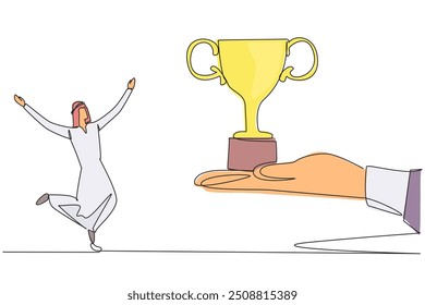 Single one line drawing young Arabian businessman happy to get the trophy from the giant hand. Received a prestigious award. Pride. Expand company. Success. Continuous line design graphic illustration