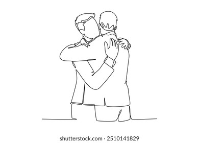 Single one line drawing young happy managers embracing each other to congratulate job promotion at office. Felicitation friend greeting. Modern continuous line draw design graphic vector illustration