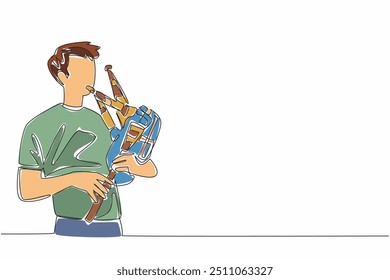 Single one line drawing a young energetic man blowing a bagpipe. Playing his musical instrument skillfully. Music traditional. International Bagpipe Day. Continuous line design graphic illustration