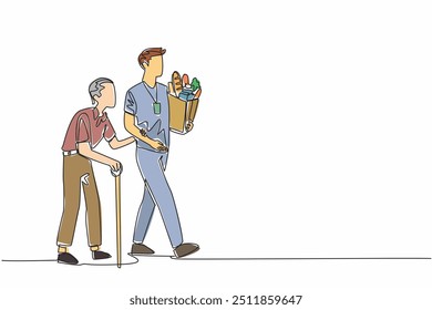 Single one line drawing young volunteers help old grandfather walk with stick. Activist who plays a role in the neglected elderly. World Social Work Day. Continuous line design graphic illustration