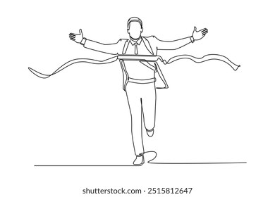 Single one line drawing of young happy businessman running and lifting his hands to the air after crossing finish line. Business race concept. Continuous line draw design graphic vector illustration