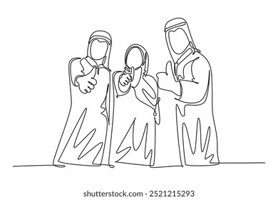 Una sola línea que dibuja al personal de marketing musulmán joven y feliz muestra el trabajo en equipo con el gesto de los pulgares hacia arriba. Equipo de éxito de empresarios saudíes. Ilustración vectorial gráfica de diseño de dibujo de línea continua moderna