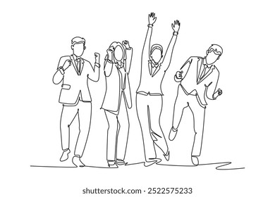 Single one line drawing young happy male and female worker raise their hands on the office room together. Business teamwork celebration concept. Continuous line draw design graphic vector illustration