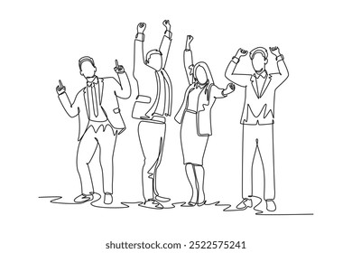 Single one line drawing young happy male and female trainer prancing with joy at seminar room together. Business teamwork celebration concept. Continuous line draw design graphic vector illustration