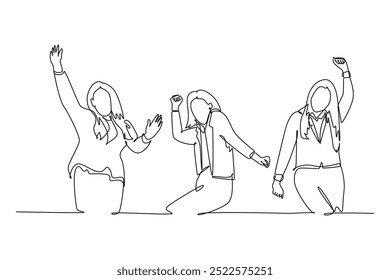 Single one line drawing of young startup founders and business CEO raised their fist into the air to celebrate successful funding from investor. Continuous line draw design graphic vector illustration