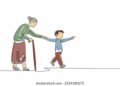 Single one line drawing a young boy with a kind smile offers his hand to elderly woman. Together, they step onto the crosswalk. Random Acts of Kindness Day. Continuous line design graphic illustration