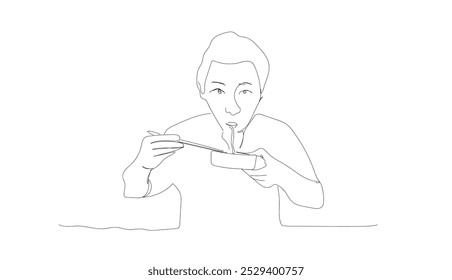 Una sola línea dibujando un macho joven que tiene comida de fideos con palillos alrededor de la mesa. Disfruta del almuerzo cuando tengas hambre. Comida deliciosa y saludable.  Vector hecho a mano, no IA.