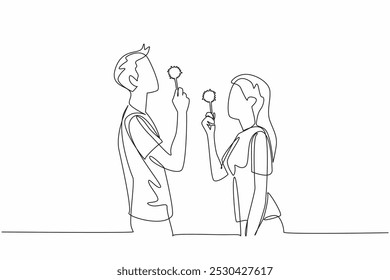 Single one line drawing young couple hold dandelions and blowing them. Joking around at dusk. Playing to pass the time on weekends. National Dandelion Day. Continuous line design graphic illustration