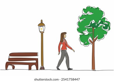 Single one line drawing young woman in casual clothes walking in the park. Healthy activity. Take a leisurely walk. Without pollution. National Walking Day. Continuous line design graphic illustration