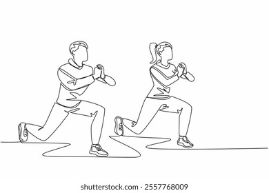 Single one line drawing young couple doing front squat on one leg forward with hands folded. Exercise. Activities to keep body fit. National Exercise Day. Continuous line design graphic illustration