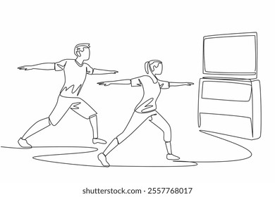 Single one line drawing young couple doing yoga movements. Husband and wife who are united maintain health even though they are busy. National Exercise Day. Continuous line design graphic illustration