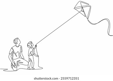 Single one line drawing a young father sits squatting accompanying his son who is playing a kite. A quality time between father and son. Go Fly a Kite Day. Continuous line design graphic illustration