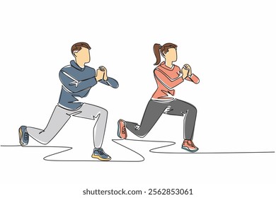 Single one line drawing young couple doing front squat on one leg forward with hands folded. Exercise. Activities to keep body fit. National Exercise Day. Continuous line design graphic illustration