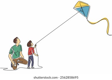 Single one line drawing a young father sits squatting accompanying his son who is playing a kite. A quality time between father and son. Go Fly a Kite Day. Continuous line design graphic illustration