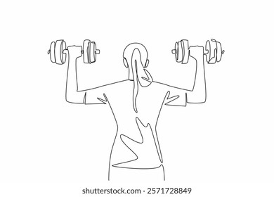 Single one line drawing a young woman lifting a dumbbell with each hand. Maintain health by actively exercising. Sweat and healthy. National Fitness Day. Continuous line design graphic illustration