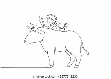 Single one line drawing the young girl reading book on cute bull. Lying face down reading seriously. Focus. The nerd. Girl Reading Book at Animal Back. Continuous line design graphic illustration