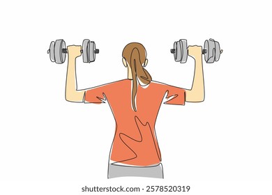 Single one line drawing a young woman lifting a dumbbell with each hand. Maintain health by actively exercising. Sweat and healthy. National Fitness Day. Continuous line design graphic illustration