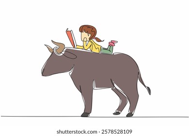 Single one line drawing the young girl reading book on cute bull. Lying face down reading seriously. Focus. The nerd. Girl Reading Book at Animal Back. Continuous line design graphic illustration