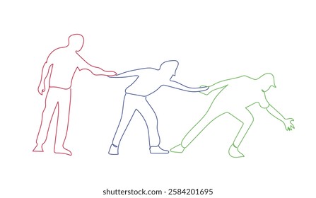 Single one line drawing young businessmen helping each other. Teamwork people trust assistance. Technology gear collaboration solution. Continuous line draw design vector. Hand made vector not AI.