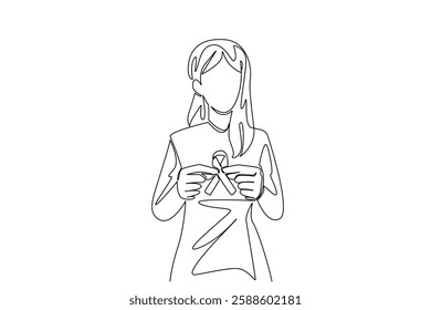 Single one line drawing a young woman holds a ribbon with both hands. Symbol of health. Inviting donations. More health concerns. Charity. World Lupus Day. Continuous line design graphic illustration