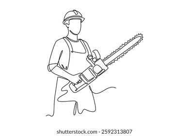 Single one line drawing young woodworker holding big chainsaw to log tree for wood business or industry. Lumberjack cutting wood concept. Modern continuous line draw design graphic vector illustration