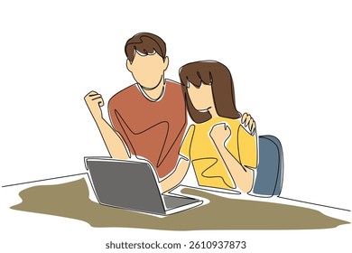 Single one line drawing a young couple expressing themselves in front of a laptop. Targeting items in cyberspace and getting discounts. Shopping. Surprise. Continuous line design graphic illustration
