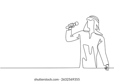 Uma única linha desenhando um jovem árabe está cantando. Hobby cantando. Venha para o estúdio de karaokê. Alivie a mente. Talentoso. Agradável. Dia Nacional da Canção. Ilustração gráfica de design de linha contínua