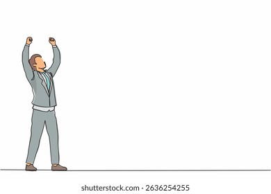 Single one line drawing young businessman standing and raising hands or arms. Successful guy. Career goal. Victory sign or symbol. Winner pose. Continuous line draw design graphic vector illustration