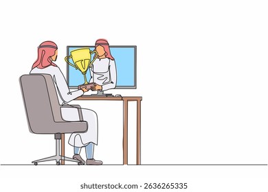 Single one line drawing young Arabian businessman holds out a golden cup from a monitor to a happy office worker. Award in the online contest. Continuous line draw design graphic vector illustration