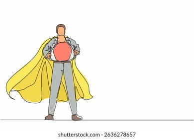 Single one line drawing young businessman revealing his true identity of powerful superhero. Superhero tearing shirt and wearing costume. Modern continuous line draw design graphic vector illustration