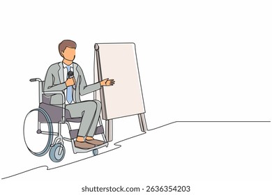 Single one line drawing young businessman on wheelchair using microphone, presentation of infographics on flip chart at weekly office report meeting. Modern continuous line draw design graphic vector