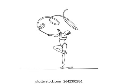 Single one line drawing young beautiful sportive girl, female rhythmic gymnast training with ribbon. Action, motion, sport, competition. Modern continuous line draw design graphic vector illustration