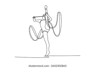 Single one line drawing young girl, professional rhythmic gymnast athlete in motion, making performance with ribbon. Contemporary art collage. Continuous line draw design graphic vector illustration