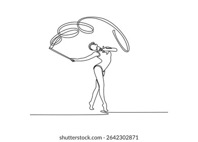 Single one line drawing young woman training rhythmic gymnastics with ribbon in gym. Female gymnast creativity and art with dancing routine and energy. Continuous line draw design vector illustration