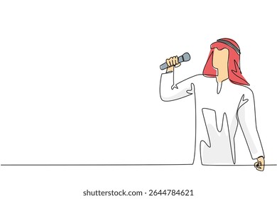 Uma única linha desenhando um jovem árabe está cantando. Hobby cantando. Venha para o estúdio de karaokê. Alivie a mente. Talentoso. Agradável. Dia Nacional da Canção. Ilustração gráfica de design de linha contínua