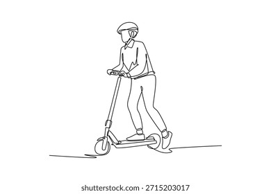 Uma única linha desenhando o jovem com segurança montando scooter elétrico enquanto usa capacete. Transportes urbanos modernos e ecológicos, mobilidade pessoal. Ilustração de vetor gráfico de design de desenho de linha contínua