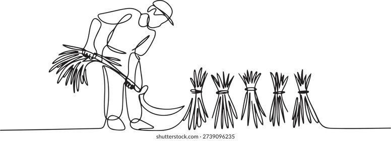 Single one line drawing of young male farmer was harvesting rice and there was also rice that had been tied up. Farming challenge minimal concept. one line Icon drawing
