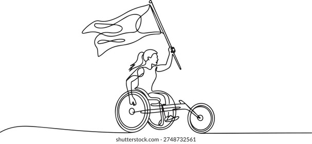 Single one line drawing young amputee woman with body injuries raising flag. Disabled athlete sitting on racing wheelchair, disabled sportswoman. one line Icon drawing
